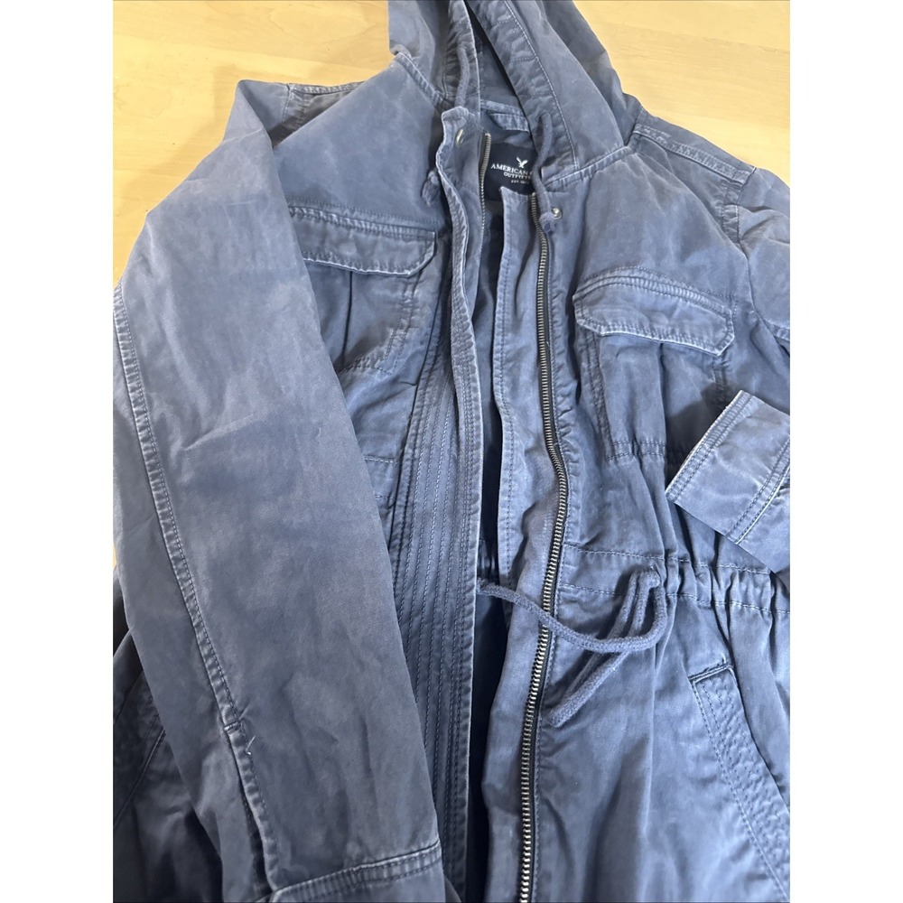American Eagle Full Zip Cinch Waist Hooded Utility Jacket Size Small Blue Cotton - Picture 2 of 9
